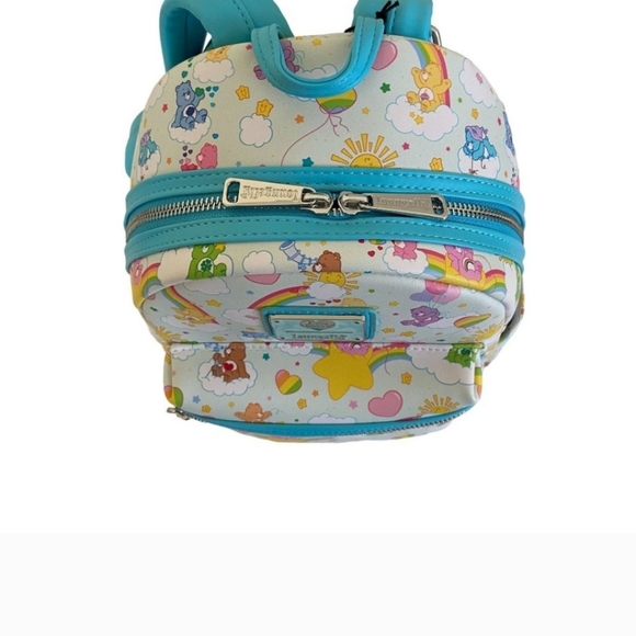 Loungefly Care Bears AOP Rainbow & Clouds Mini Backpack, White & Turquoise, NEW